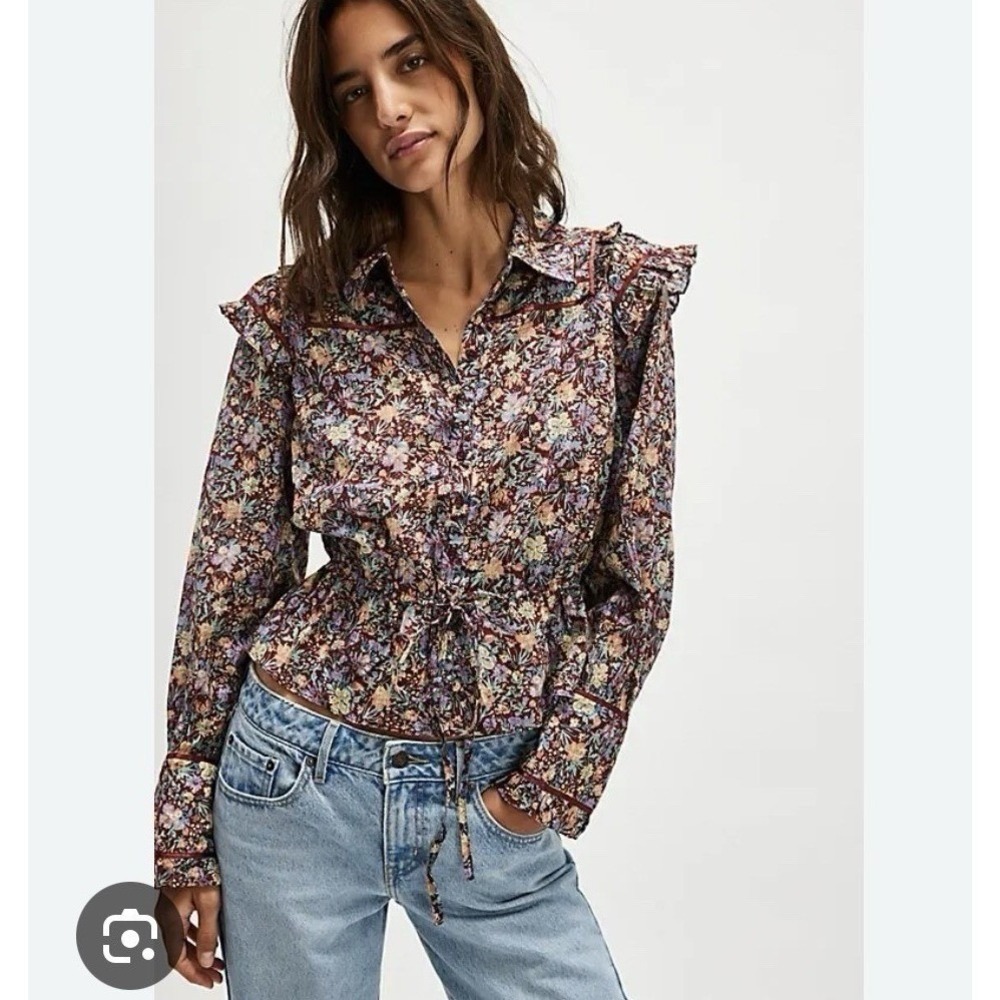 NWT Free People Maroon Floral Top Ruffle Cropped Blouse Boho Romantic Large